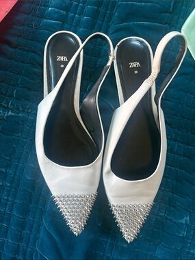 Zara Cream Pointed Slingback Flats with Silver Studded Toe